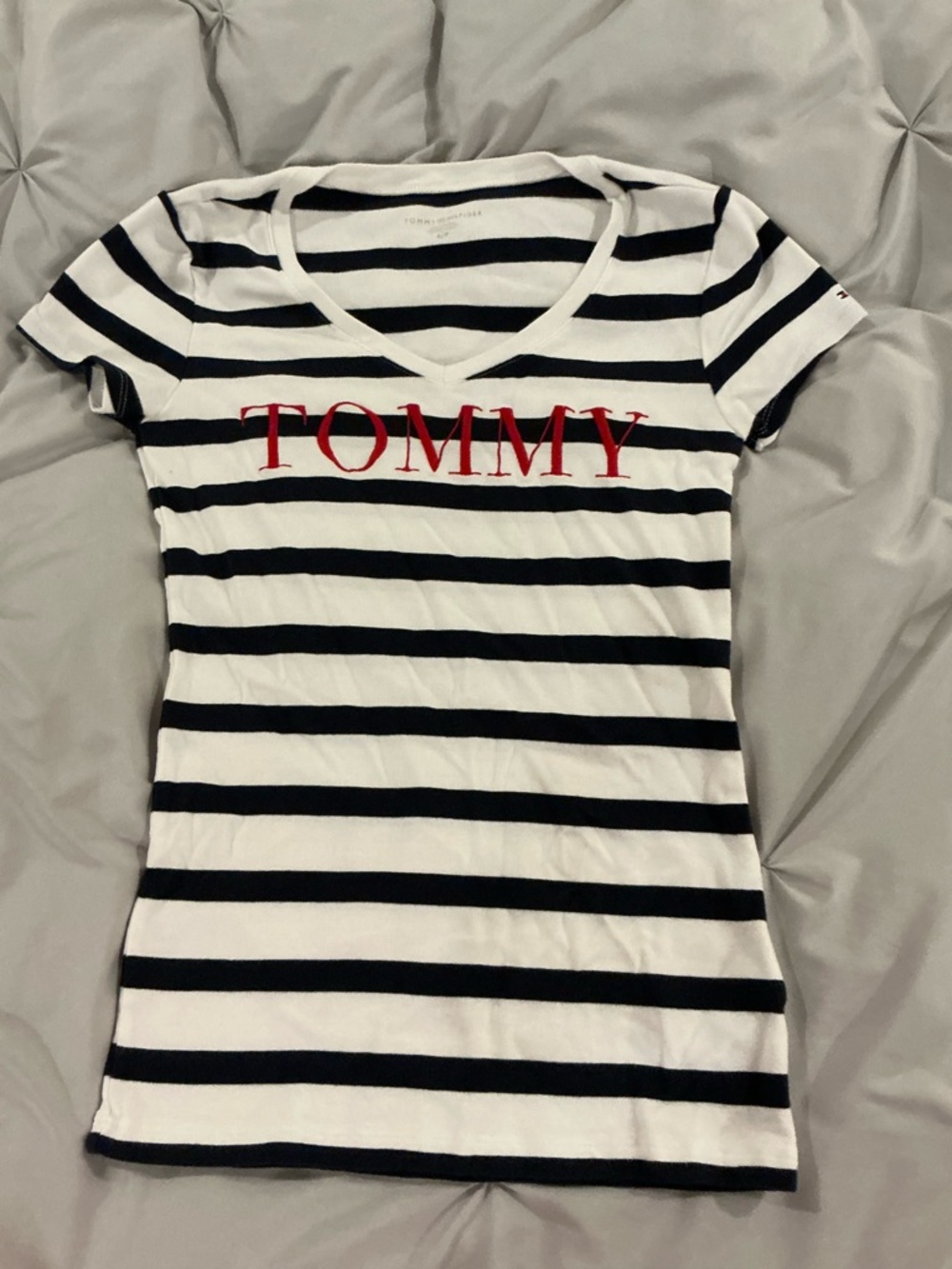 Women’s Tommy Hilfiger White and Black Striped V-Neck Tee with Red Logo-Size SM